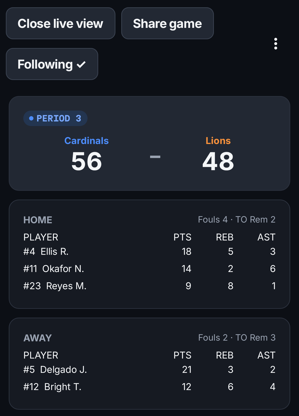 The live viewer on an Android phone: period 3, Cardinals 56 – Lions 48, with both teams' player lines underneath.